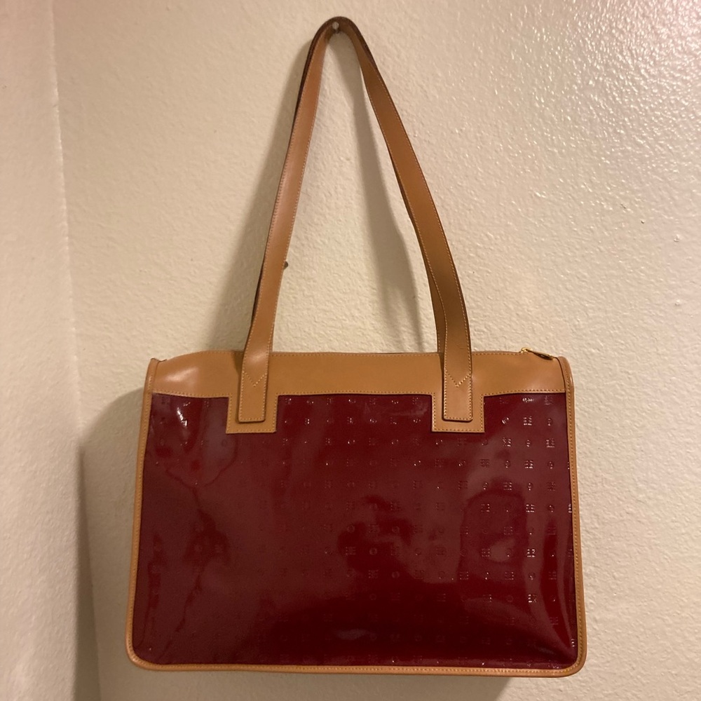 Arcadia Burgundy Patent Tote with Tan Leather Trim